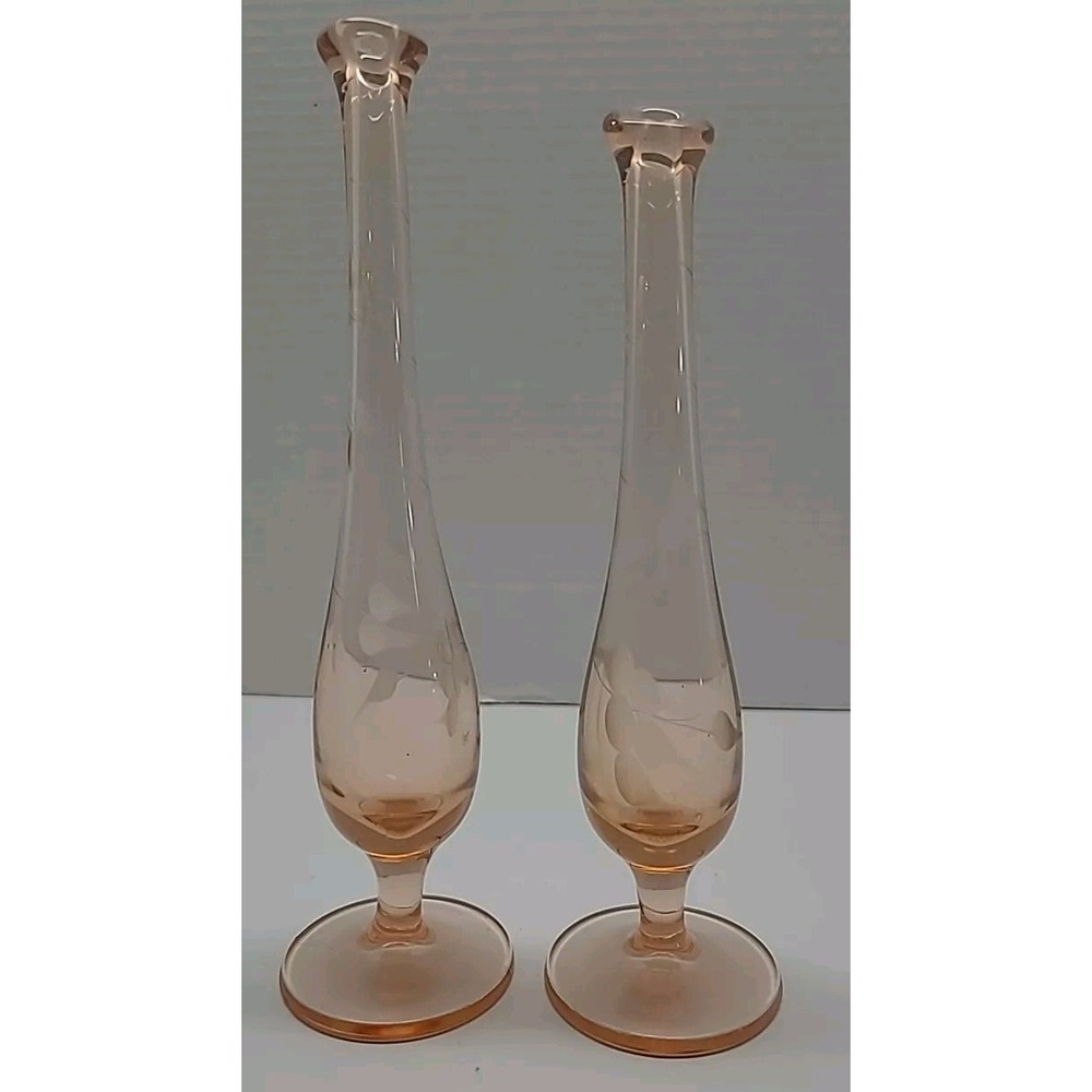 Pink Peach Swung Bud Vases Depression Art Glass Etched Pair 8.5 inch and 8 inch